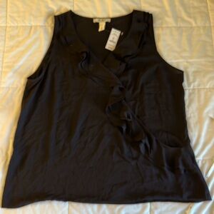 WHBM, NWT, Black, V neck, cross chest ruffle, sleeveless, beautiful top.